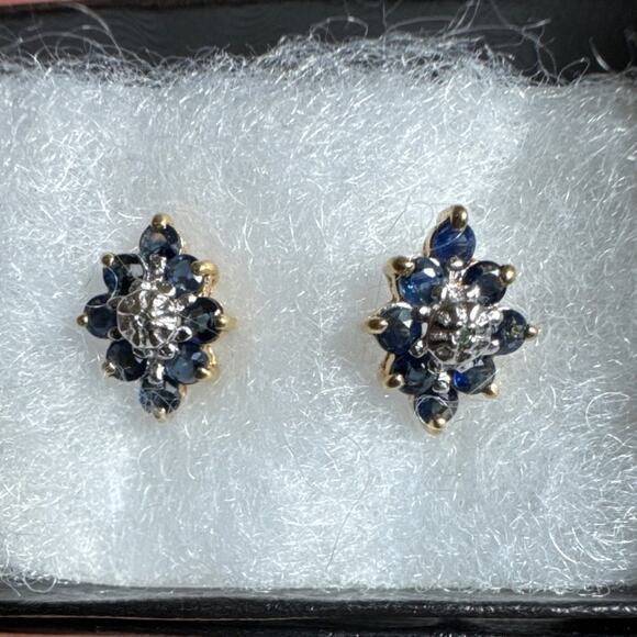 10k Gold Blue Sapphire .5x3/8" Stud Earrings 8 Small Stones Tiny Diamond 2+ Gram - Picture 1 of 10